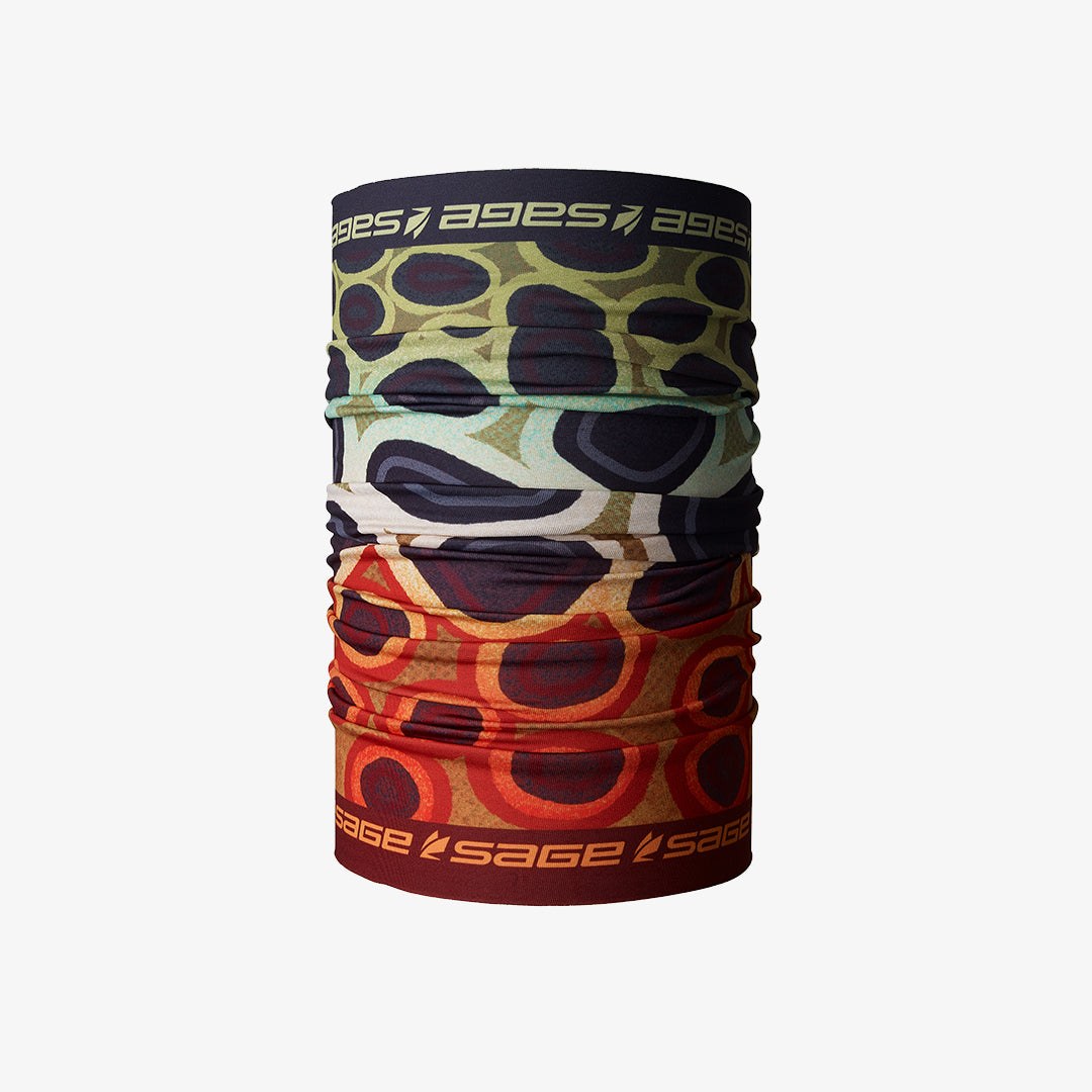 A neck gaiter with a camouflage pattern featuring brown, green, and orange colors, and branded with the name 'Sage'.