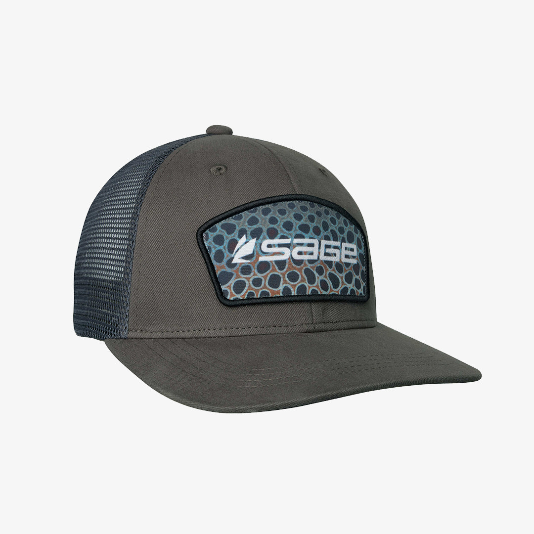 cane pole fishing resting tree bank hat Patch Trucker Hat - Brown Trout