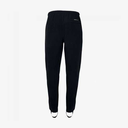 A pair of black fleece pants with stirrups, designed for fishing waders.