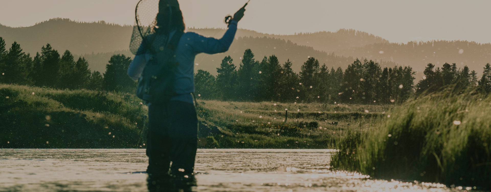Angler casting on river with hatch going off