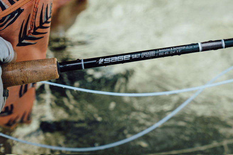 A close up of a Sage Salt R8 fly fishing rod