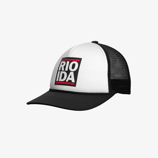 A trucker hat with a white front panel, black mesh back, and 'RIO IDA' branding on the front.