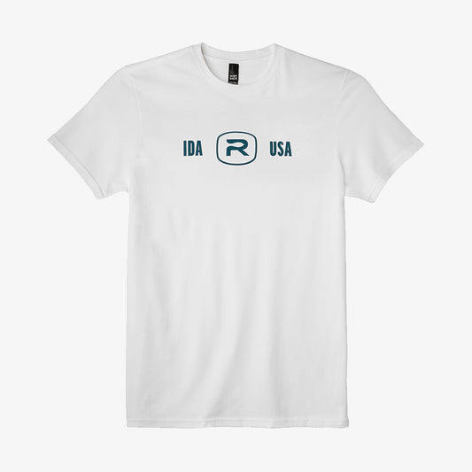 A white crew neck t-shirt with the text 'IDA R USA' printed on the front.