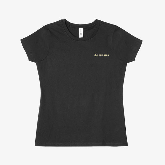 A black colored women's t-shirt with the Redington logo printed in yellow on the front.