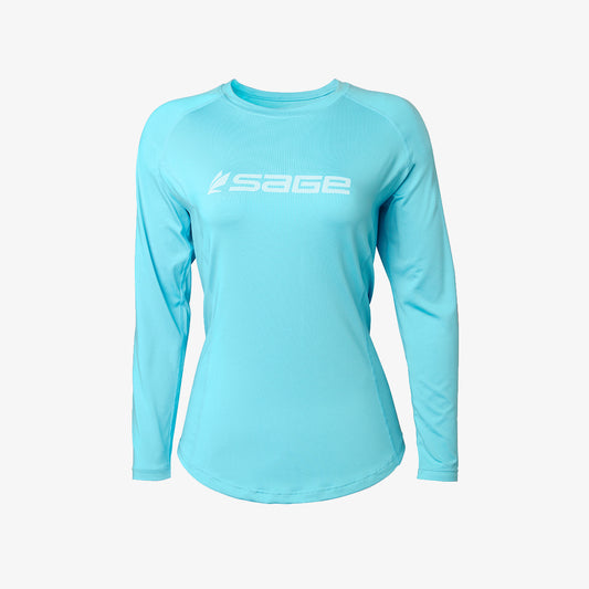 A long sleeve blue shirt with 'SAGE' printed across the chest in white