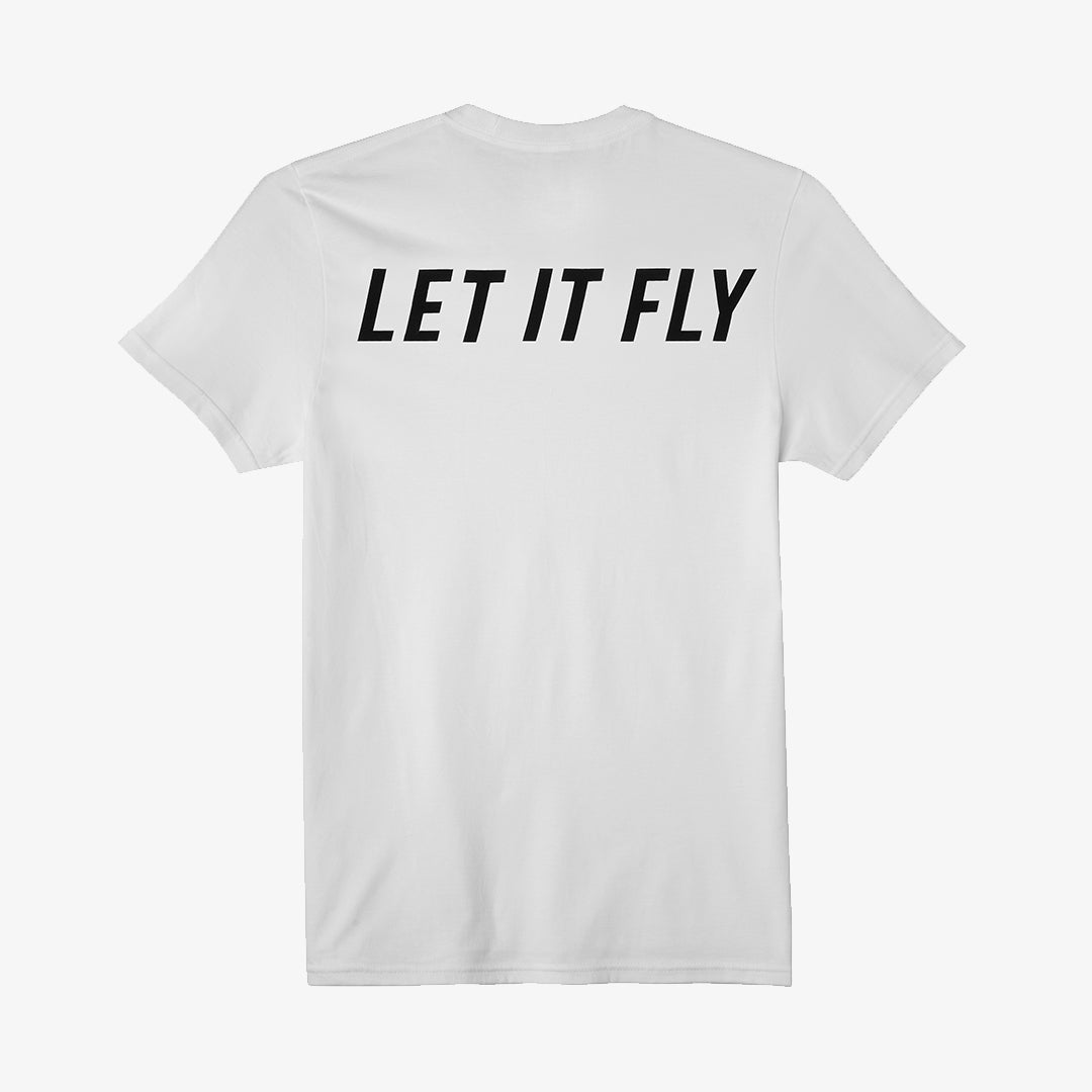 Sage white tee shirt with "Let it fly" print in black 