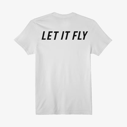 Sage white tee shirt with "Let it fly" print in black 