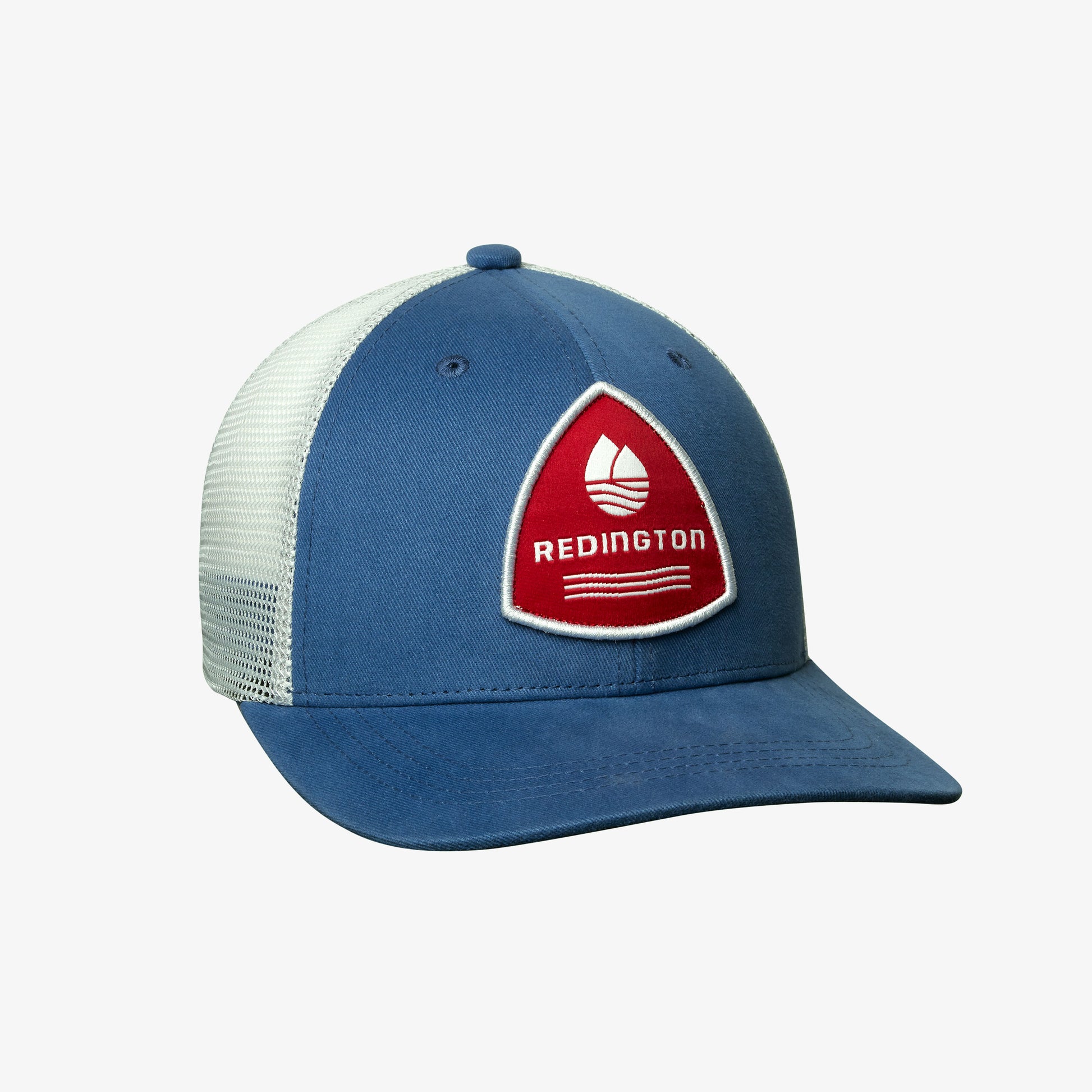 A structured trucker cap with a semi-curved brim featuring a red and white meshback design and a blue front panel with a logo. The cap has an adjustable snap-back closure.