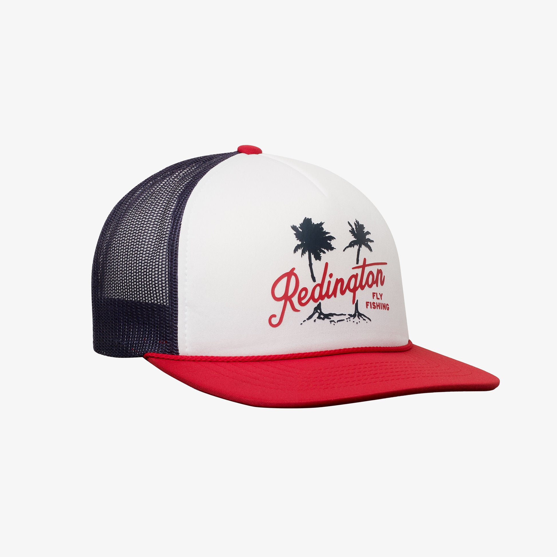 A trucker hat with a red brim and white crown, featuring a navy mesh back and 'Redington' branding with palm trees illustration on the front.