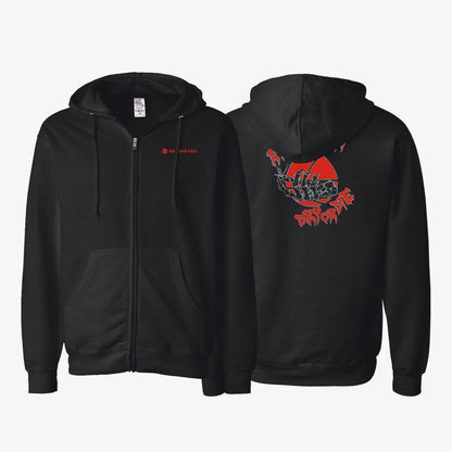 Front and back view of a black zip hoodie with a red Redington graphic design on the back.
