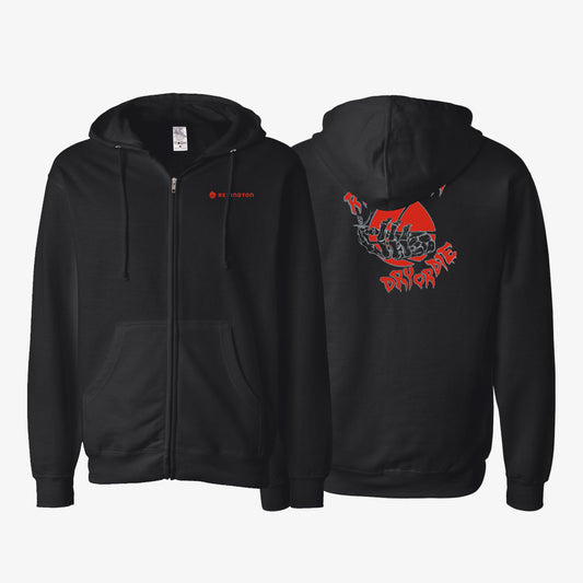 Front and back view of a black zip hoodie with a red Redington graphic design on the back.