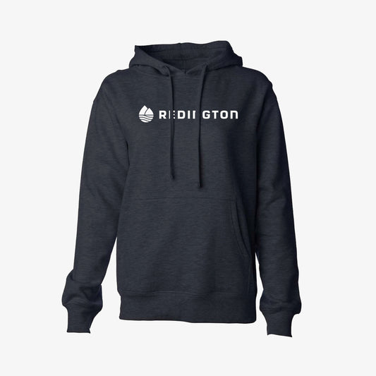 A gray hoodie with the Redington logo on the front, featuring a hood and pocket