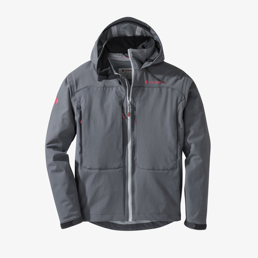A gray waterproof fishing jacket with fleece-lined hand warmer pockets and a hood, featuring zippered chest pockets.