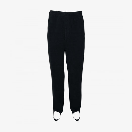 A pair of black fleece pants with stirrups, designed for fishing waders.