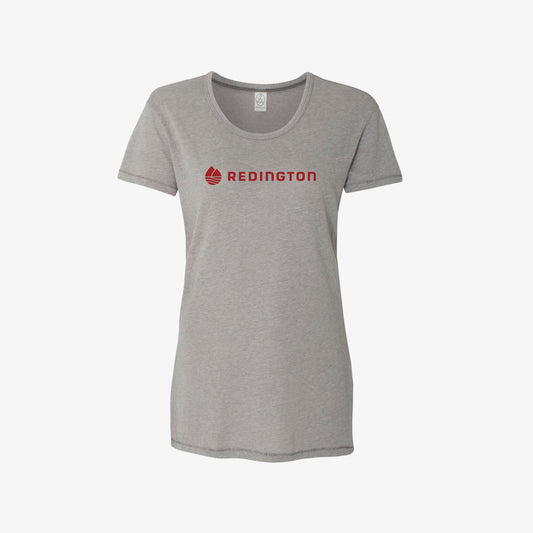 A gray crew neck t-shirt with the Redington logo printed in red on the chest.